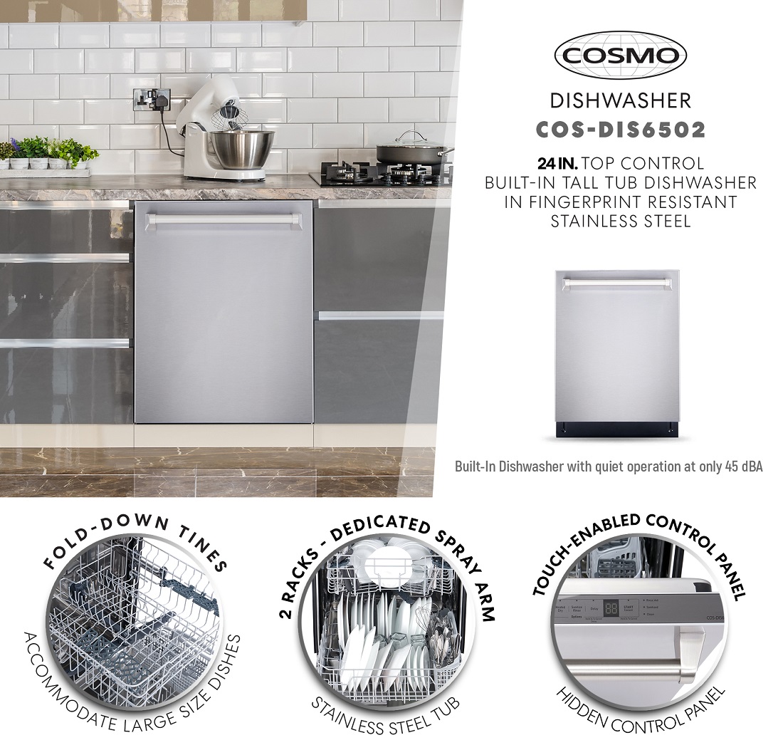 Cosmo 24 in. Top Control BuiltIn Tall Tub Dishwasher in Fingerprint